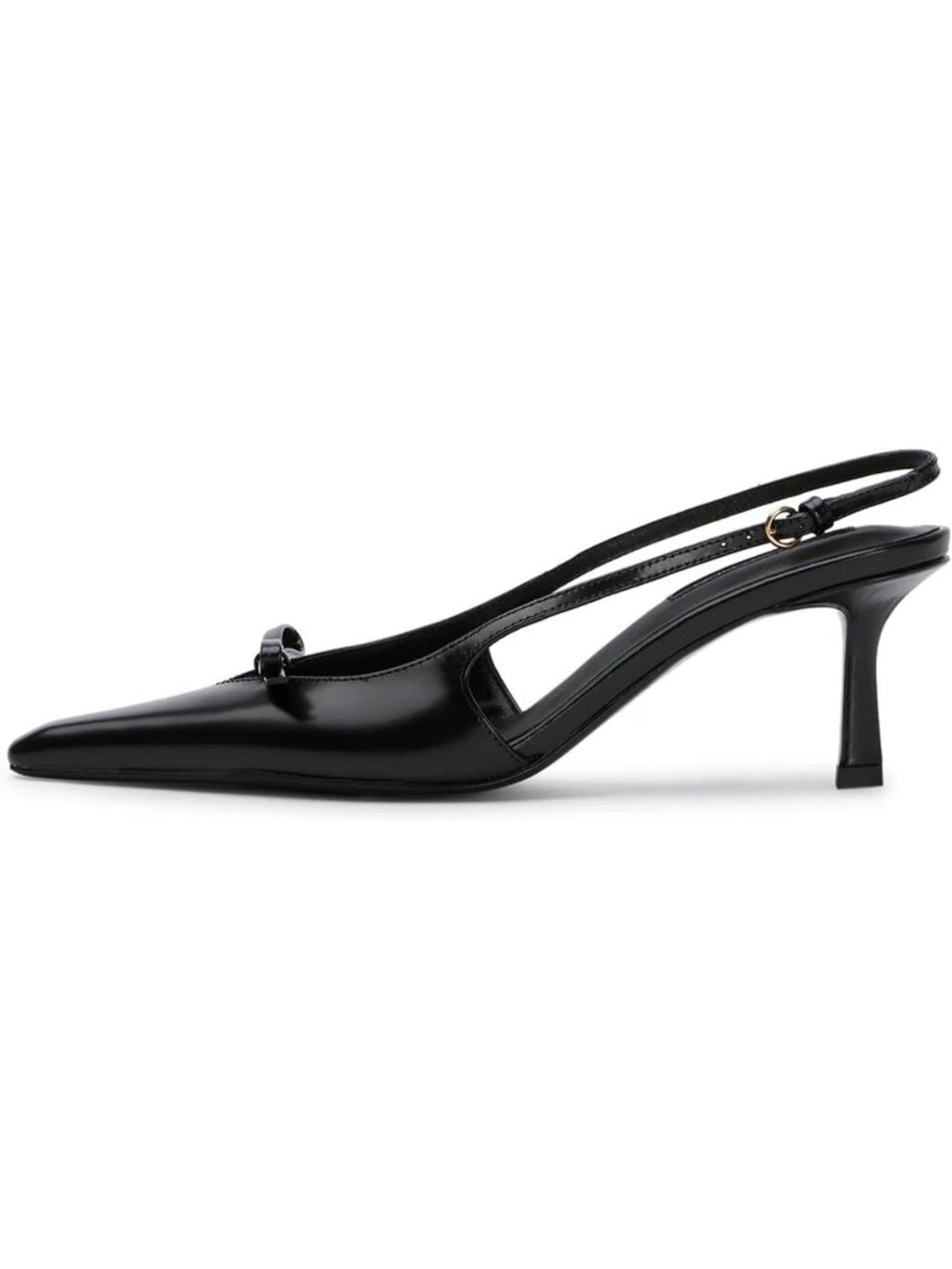 Women Black Pu Bow Ankle Strap Pointed Toe Slingback Buckle Kitten Heels